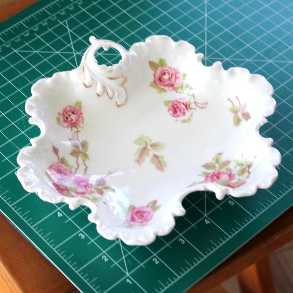Antique RC Rosenthal Monbijou Pink Roses Scalloped Candy Dish Gold Gilt Handle